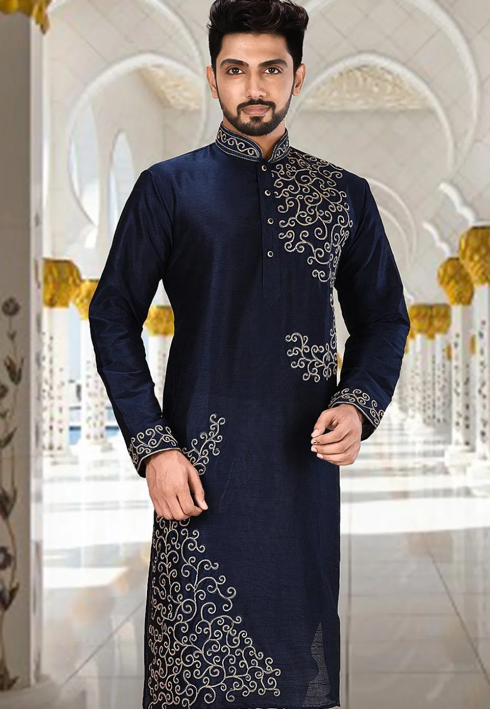 Embroidered Dupion Silk Kurta in Dark Navy Blue