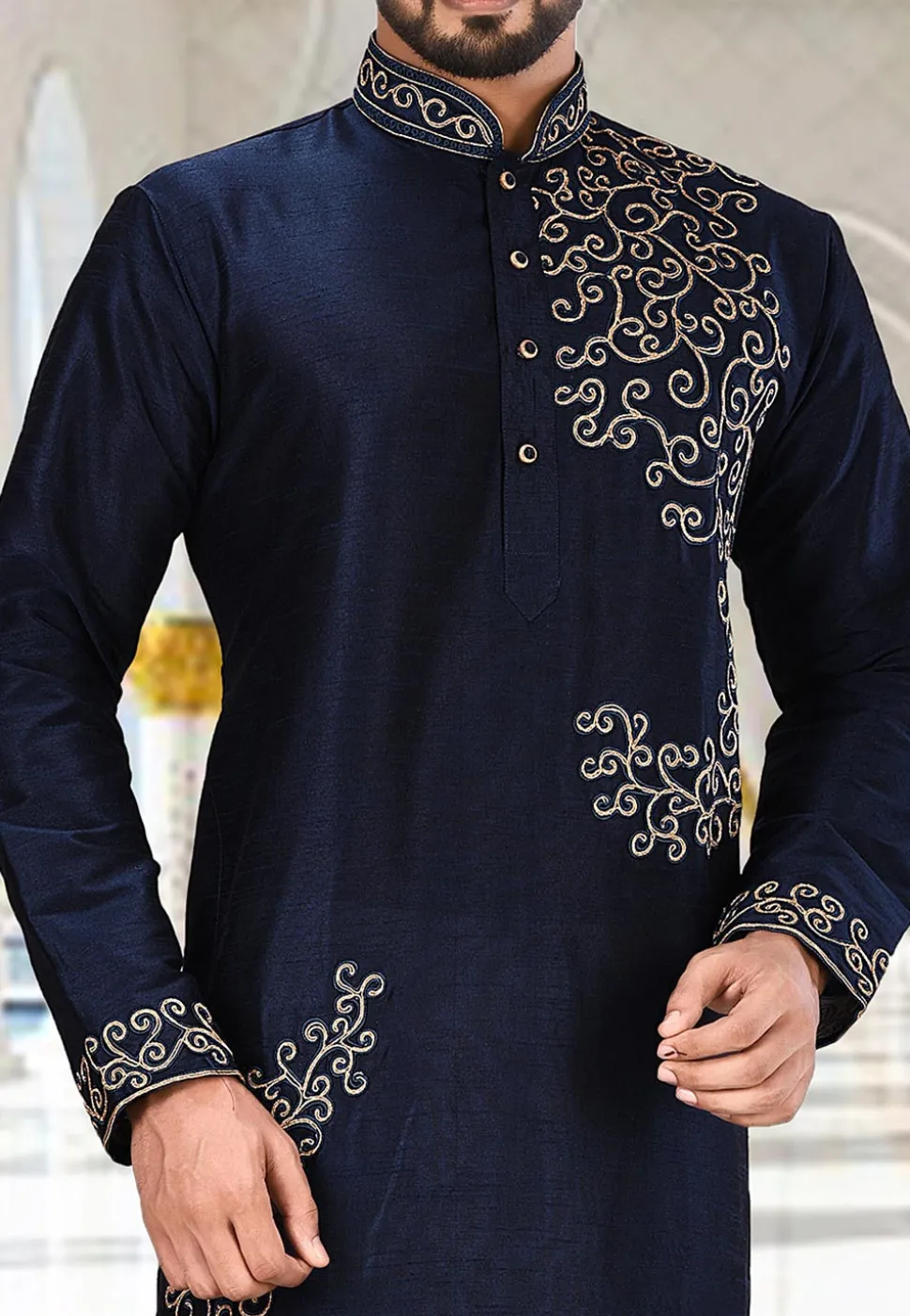 Embroidered Dupion Silk Kurta in Dark Navy Blue
