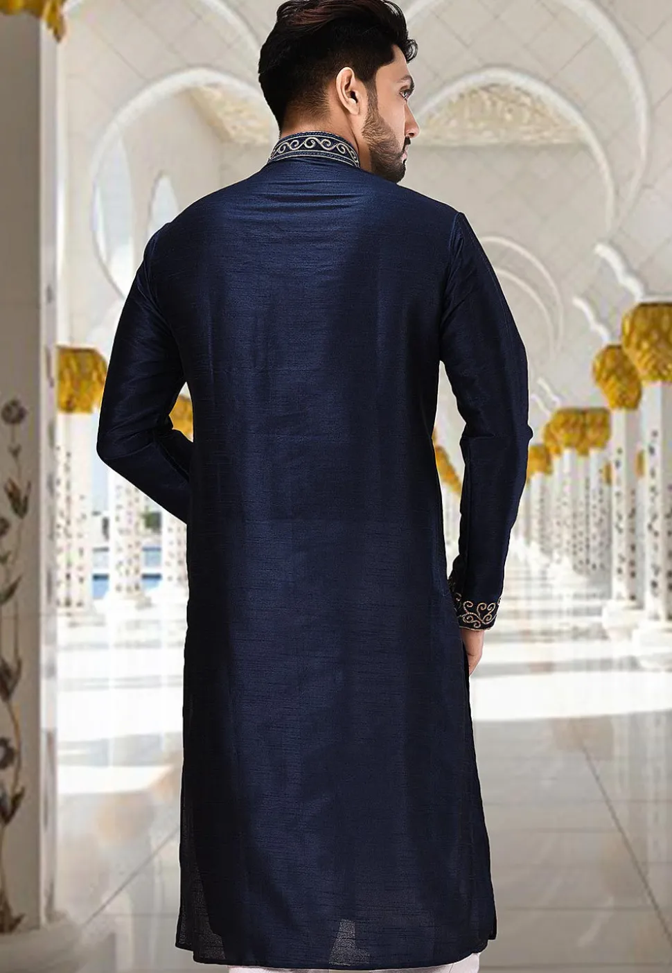 Embroidered Dupion Silk Kurta in Dark Navy Blue