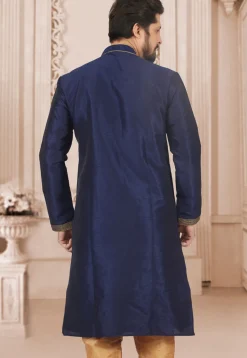 Embroidered Dupion Silk Kurta Set in Navy Blue