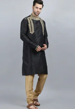 Embroidered Dupion Silk Kurta Set in Black