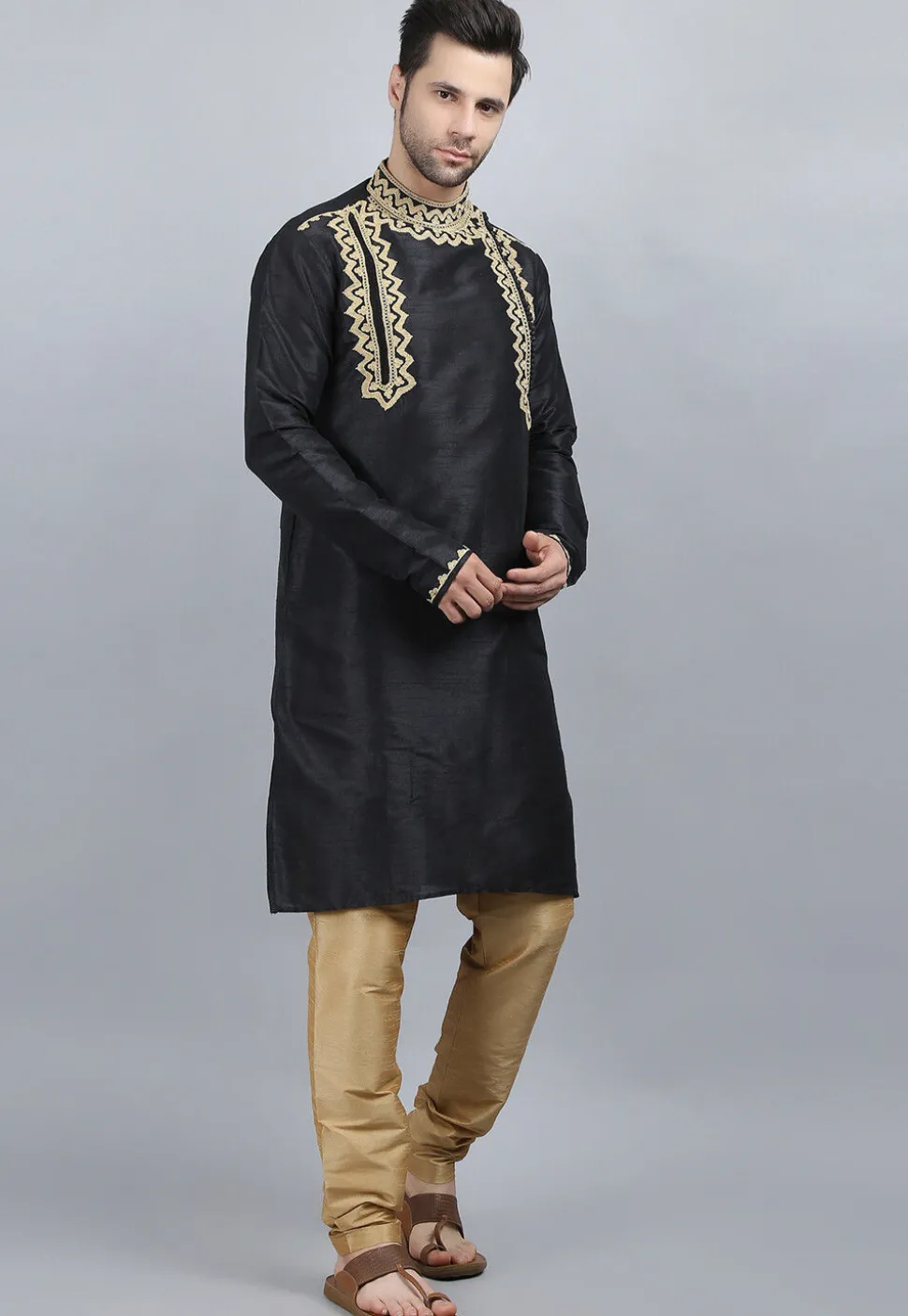 Embroidered Dupion Silk Kurta Set in Black