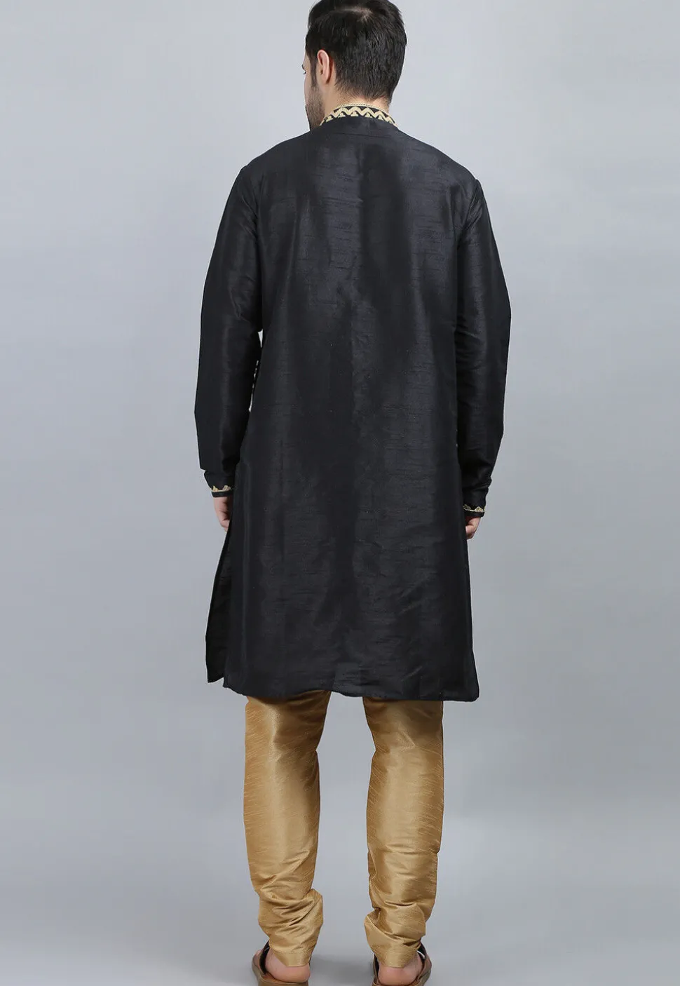 Embroidered Dupion Silk Kurta Set in Black