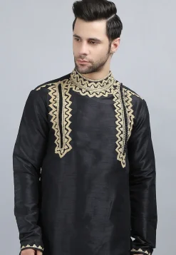 Embroidered Dupion Silk Kurta Set in Black