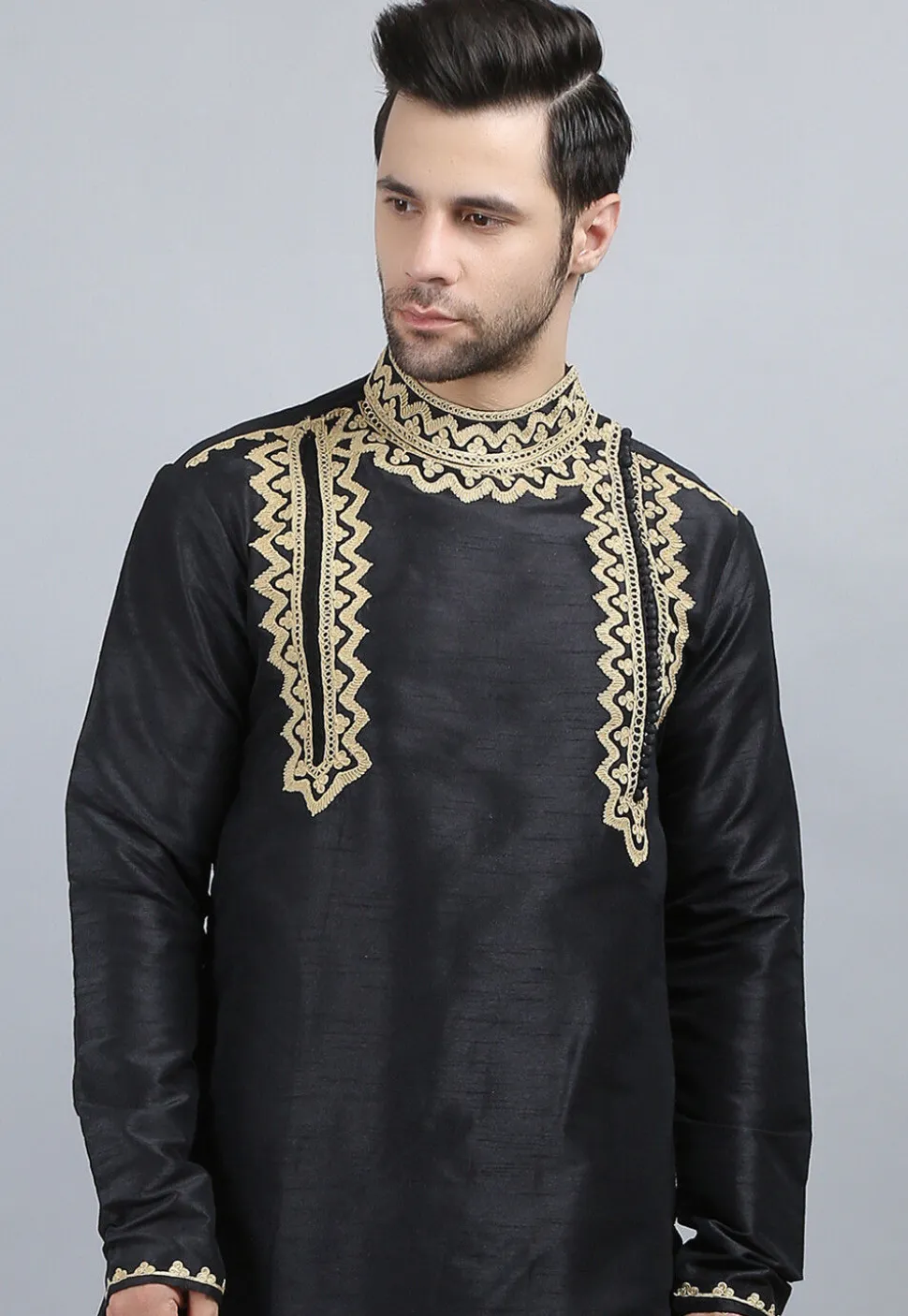 Embroidered Dupion Silk Kurta Set in Black