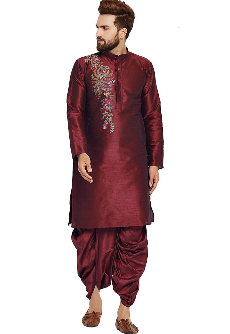 Embroidered Dupion Silk Kurta Set in Maroon