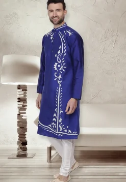 Embroidered Dupion Silk Kurta Set in Royal Blue