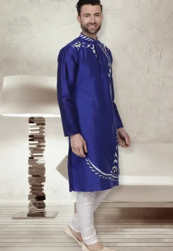 Embroidered Dupion Silk Kurta Set in Royal Blue
