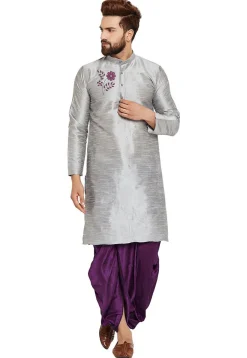 Embroidered Dupion Silk Kurta Set in Light Grey