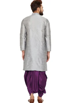 Embroidered Dupion Silk Kurta Set in Light Grey