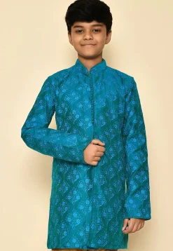Embroidered Dupion Silk Kurta in Teal Blue