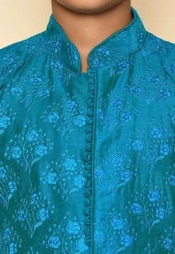 Embroidered Dupion Silk Kurta in Teal Blue