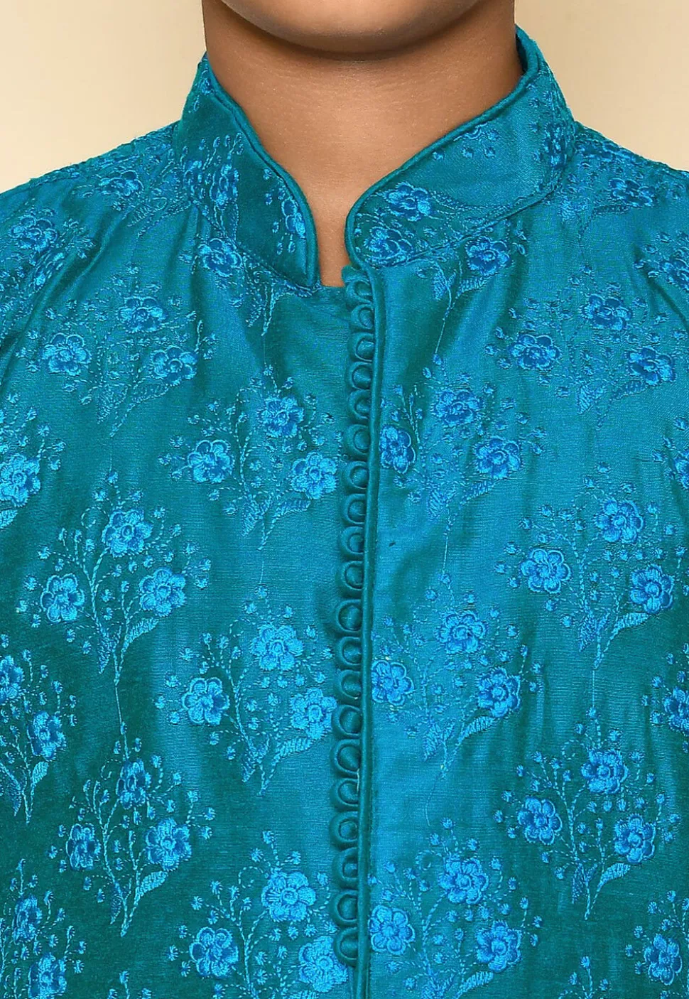 Embroidered Dupion Silk Kurta in Teal Blue