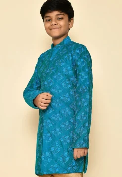 Embroidered Dupion Silk Kurta in Teal Blue