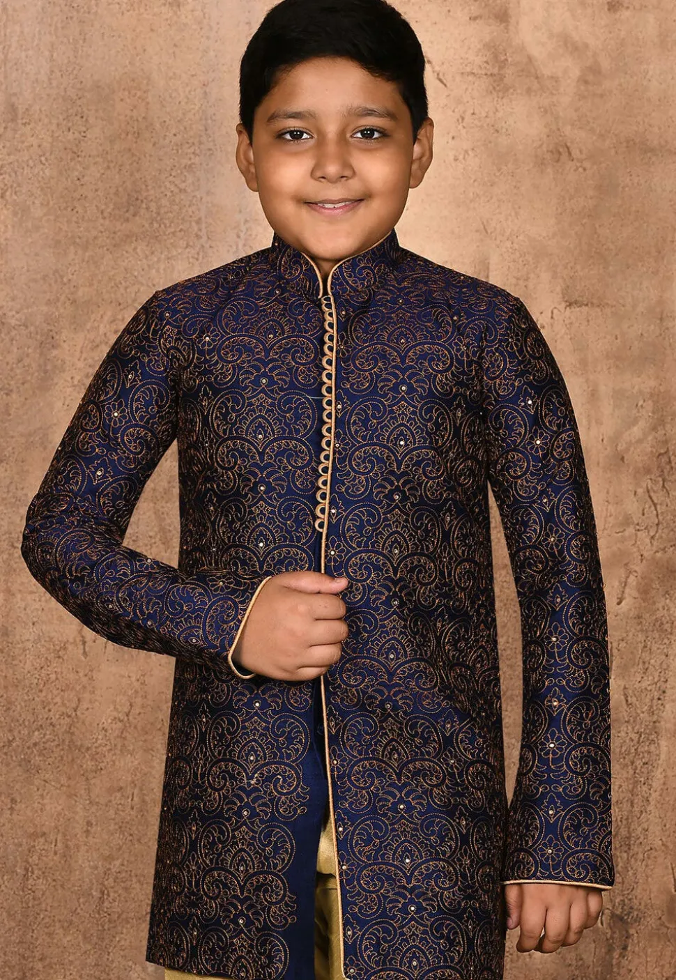 Embroidered Dupion Silk Kurta in Navy Blue