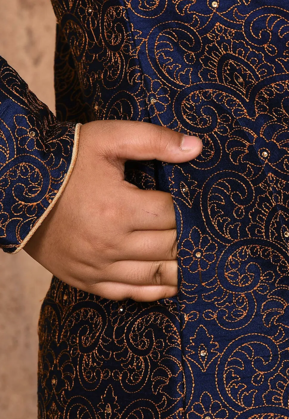 Embroidered Dupion Silk Kurta in Navy Blue