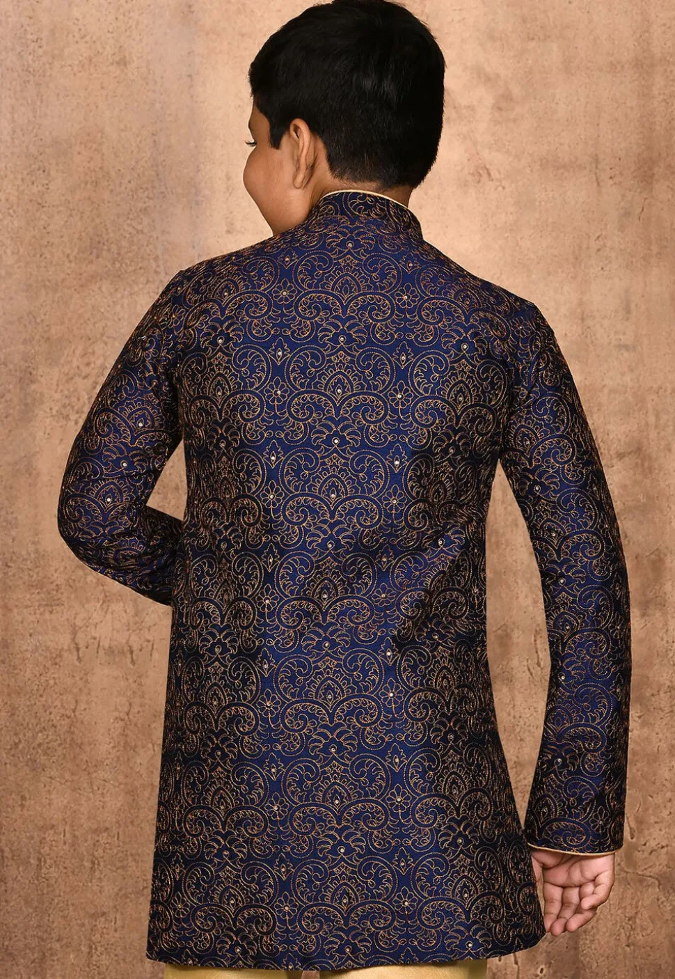Embroidered Dupion Silk Kurta in Navy Blue