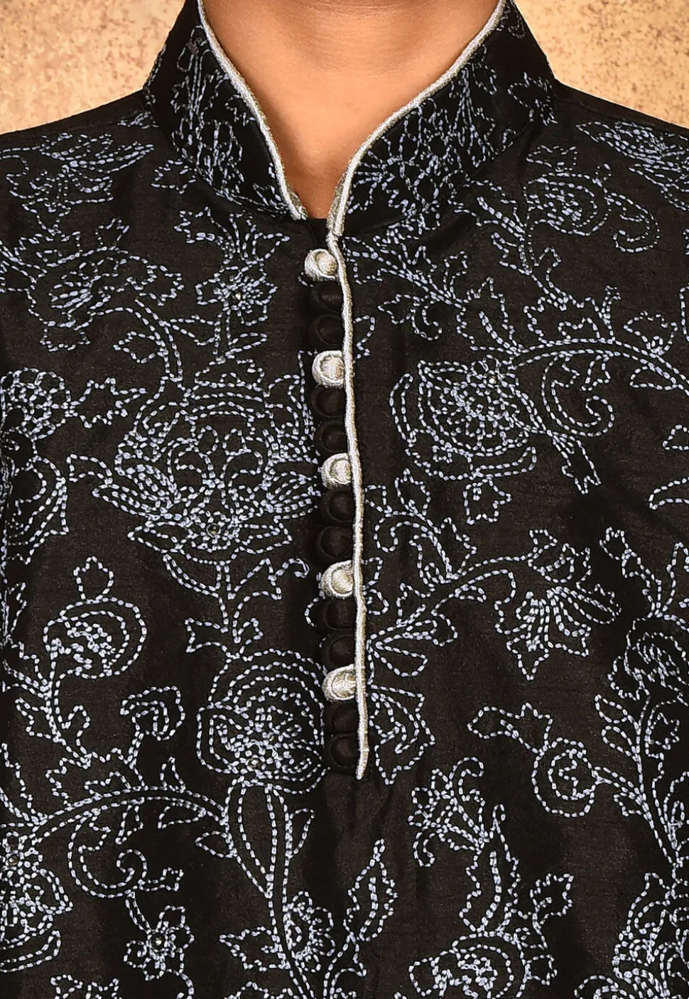 Embroidered Dupion Silk Kurta Set in Black