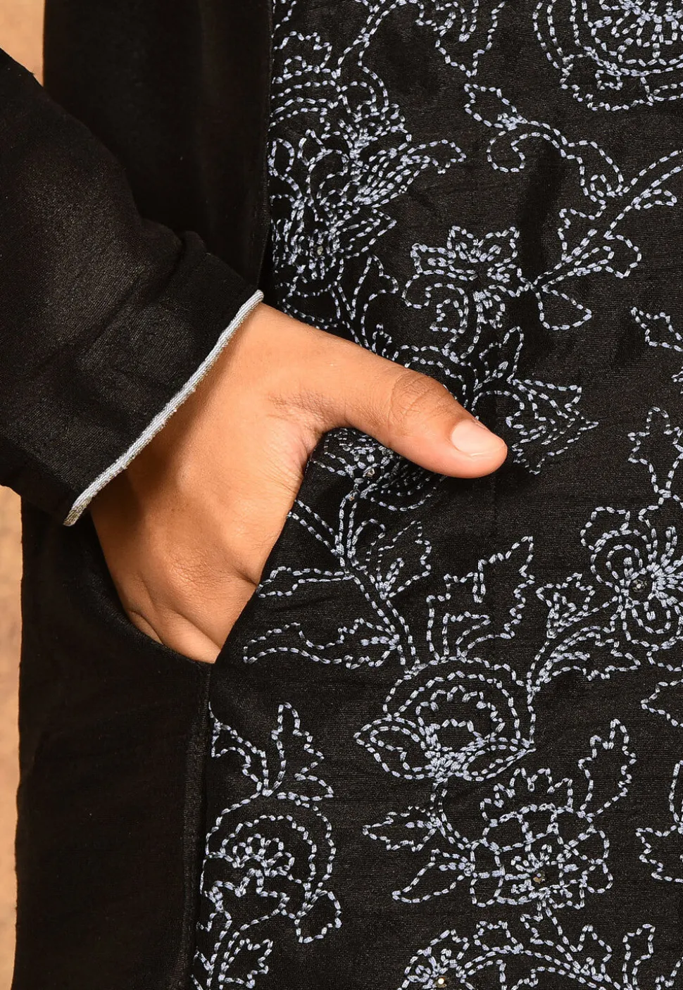 Embroidered Dupion Silk Kurta Set in Black