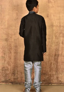 Embroidered Dupion Silk Kurta Set in Black