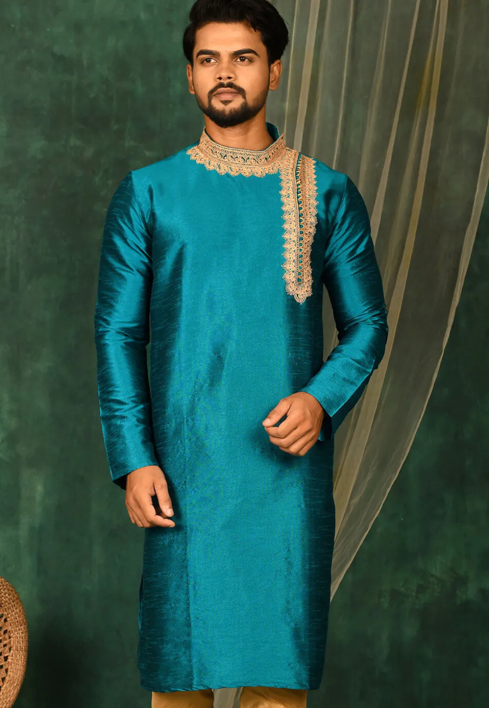 Embroidered Dupion Silk Kurta in Teal Blue