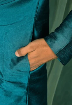 Embroidered Dupion Silk Kurta in Teal Blue