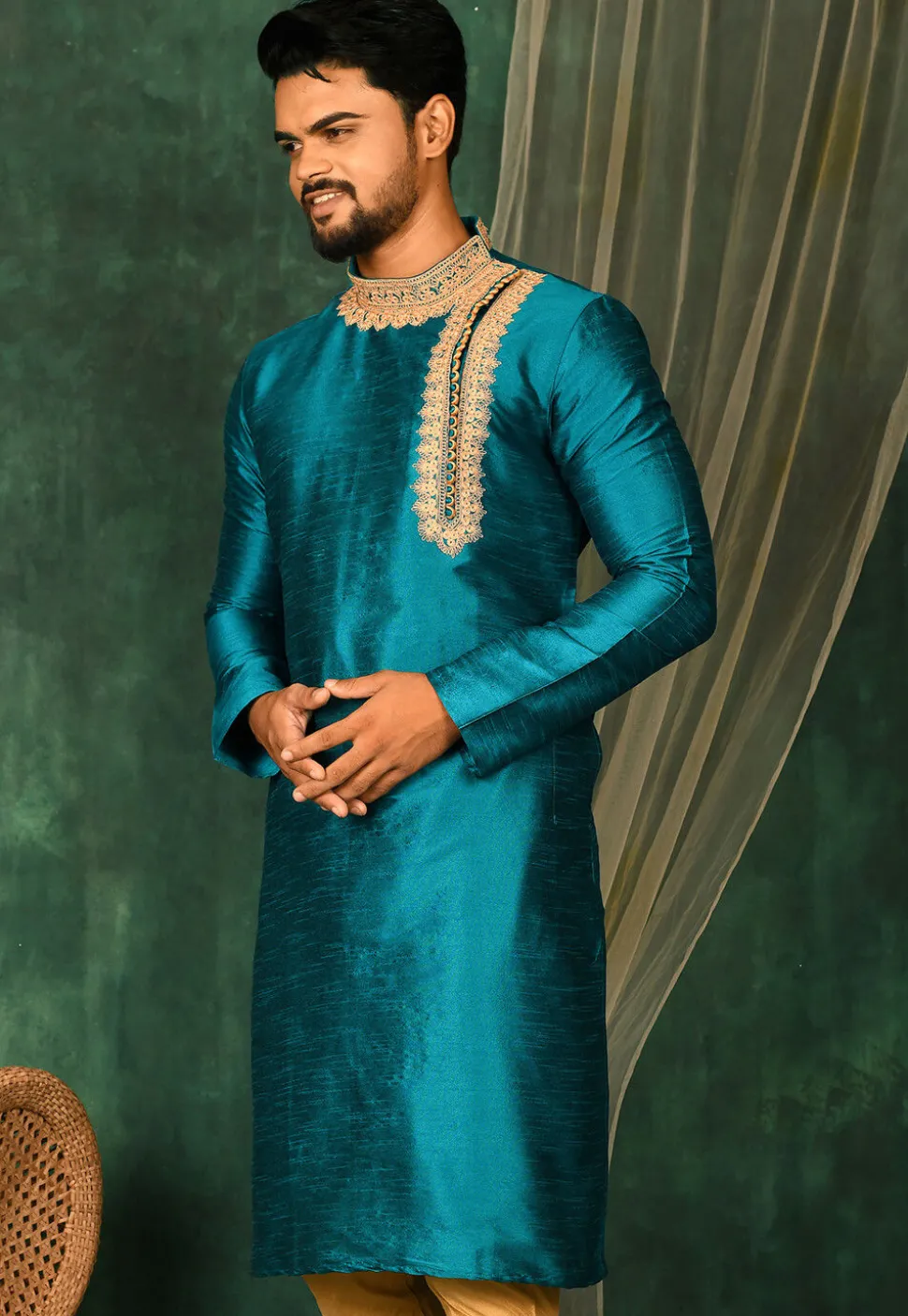 Embroidered Dupion Silk Kurta in Teal Blue