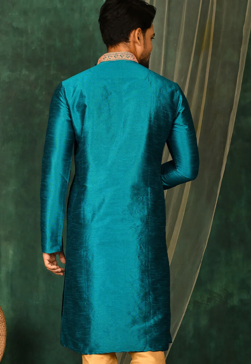 Embroidered Dupion Silk Kurta in Teal Blue