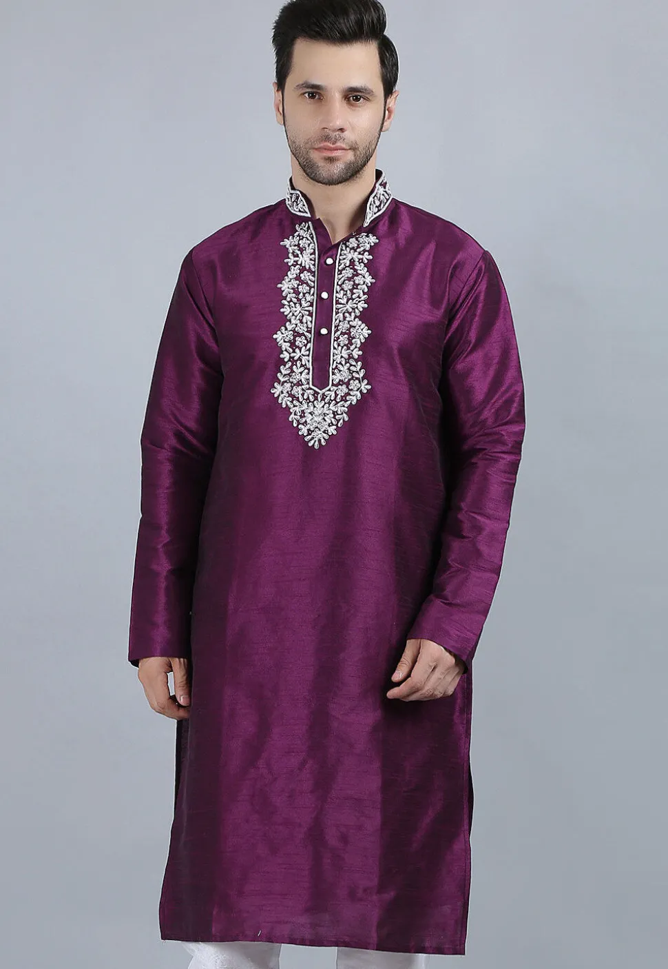 Embroidered Dupion Silk Kurta in Violet