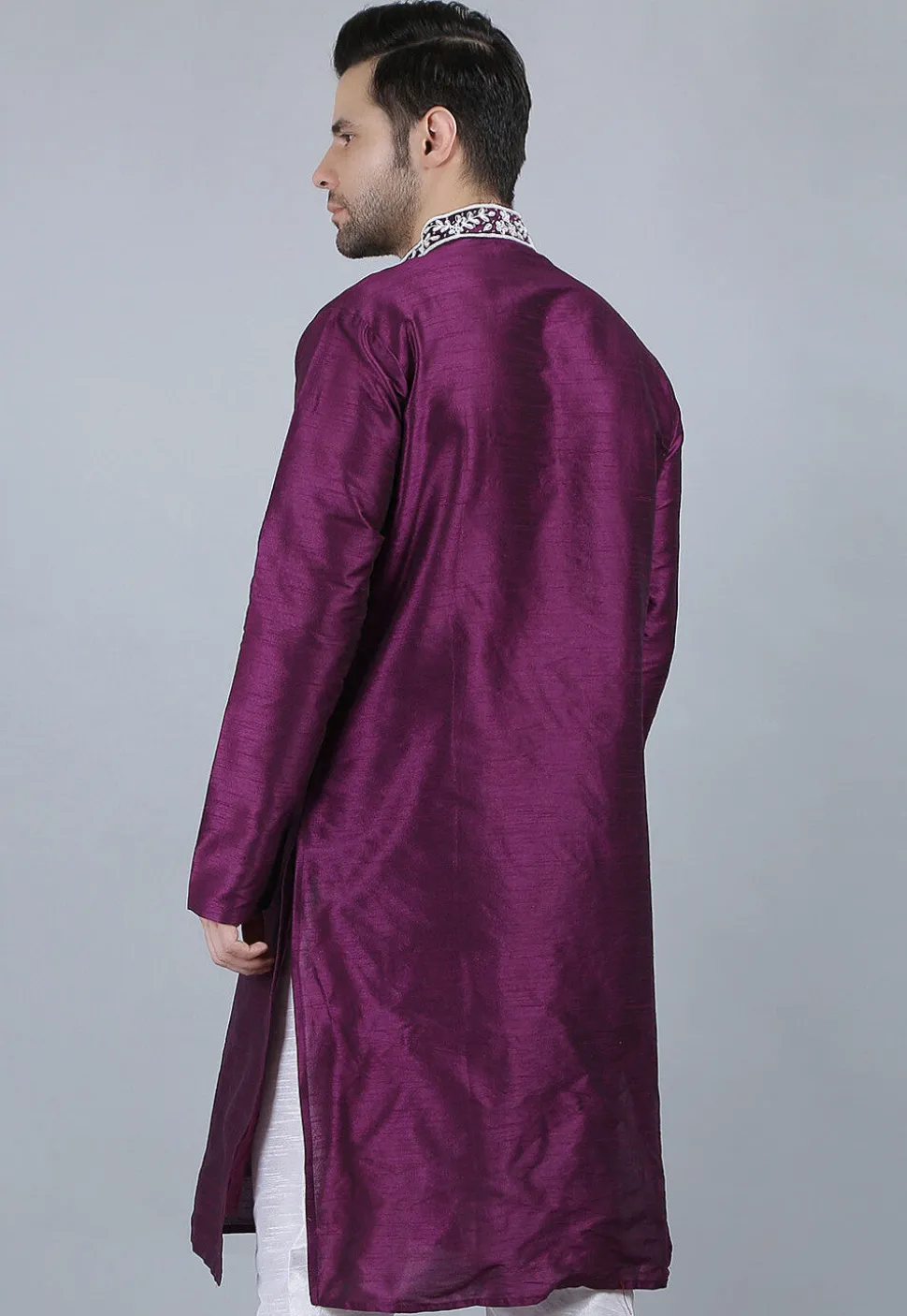 Embroidered Dupion Silk Kurta in Violet