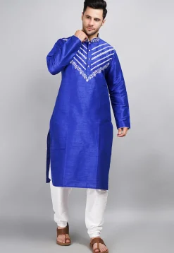 Embroidered Dupion Silk Kurta Set in Royal Blue