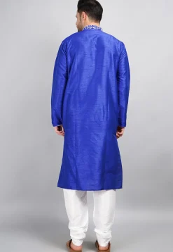 Embroidered Dupion Silk Kurta Set in Royal Blue
