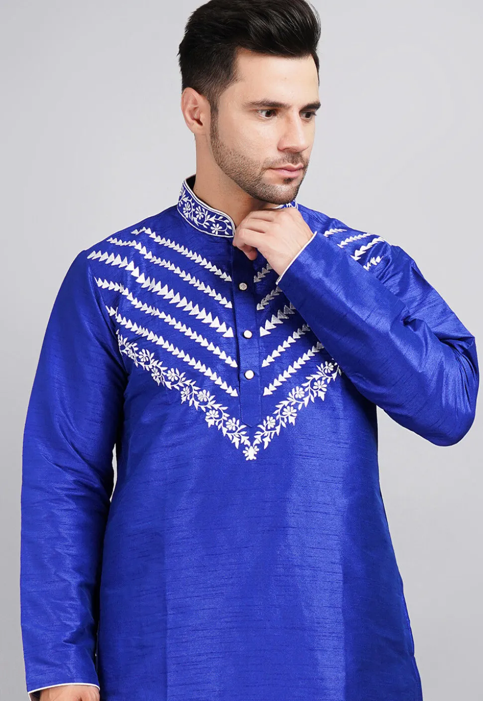 Embroidered Dupion Silk Kurta Set in Royal Blue