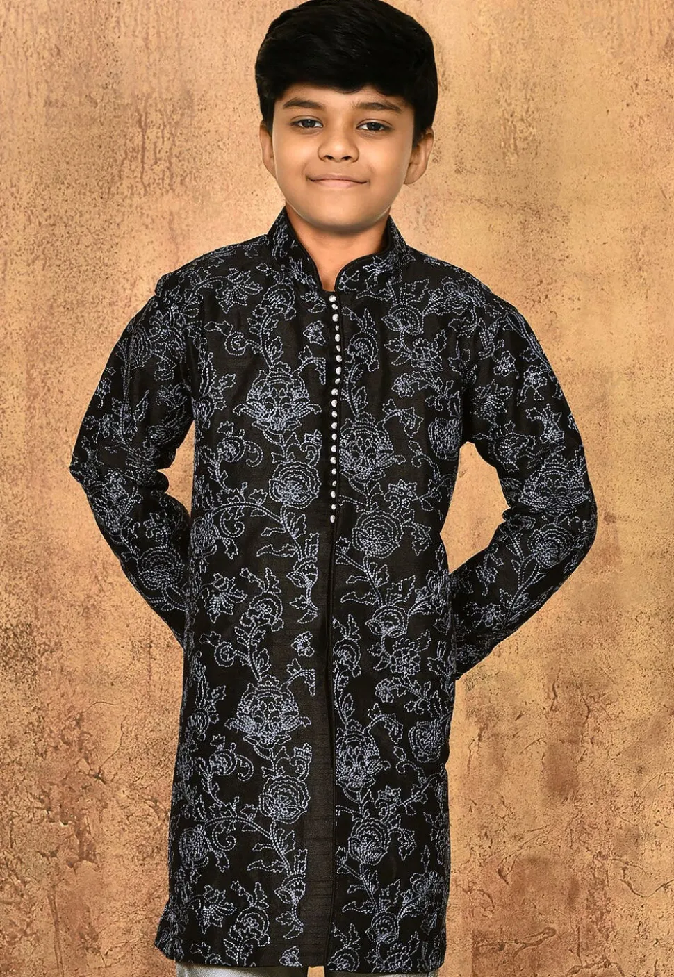 Embroidered Dupion Silk Kurta in Black