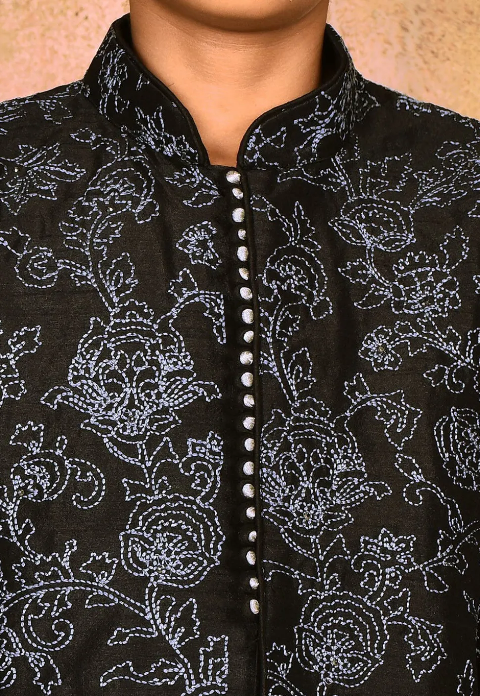 Embroidered Dupion Silk Kurta in Black