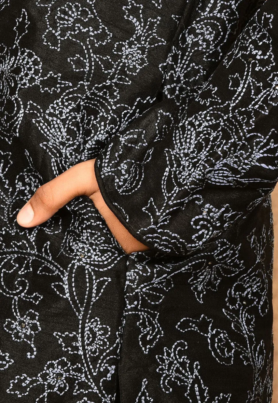 Embroidered Dupion Silk Kurta in Black