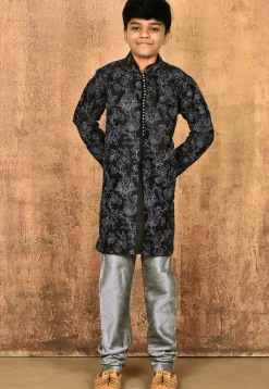 Embroidered Dupion Silk Kurta in Black