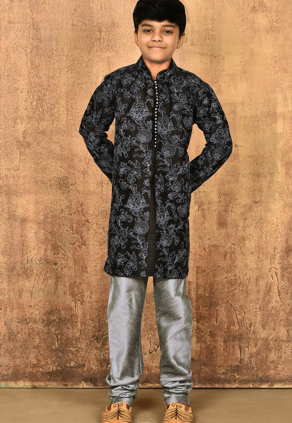 Embroidered Dupion Silk Kurta in Black