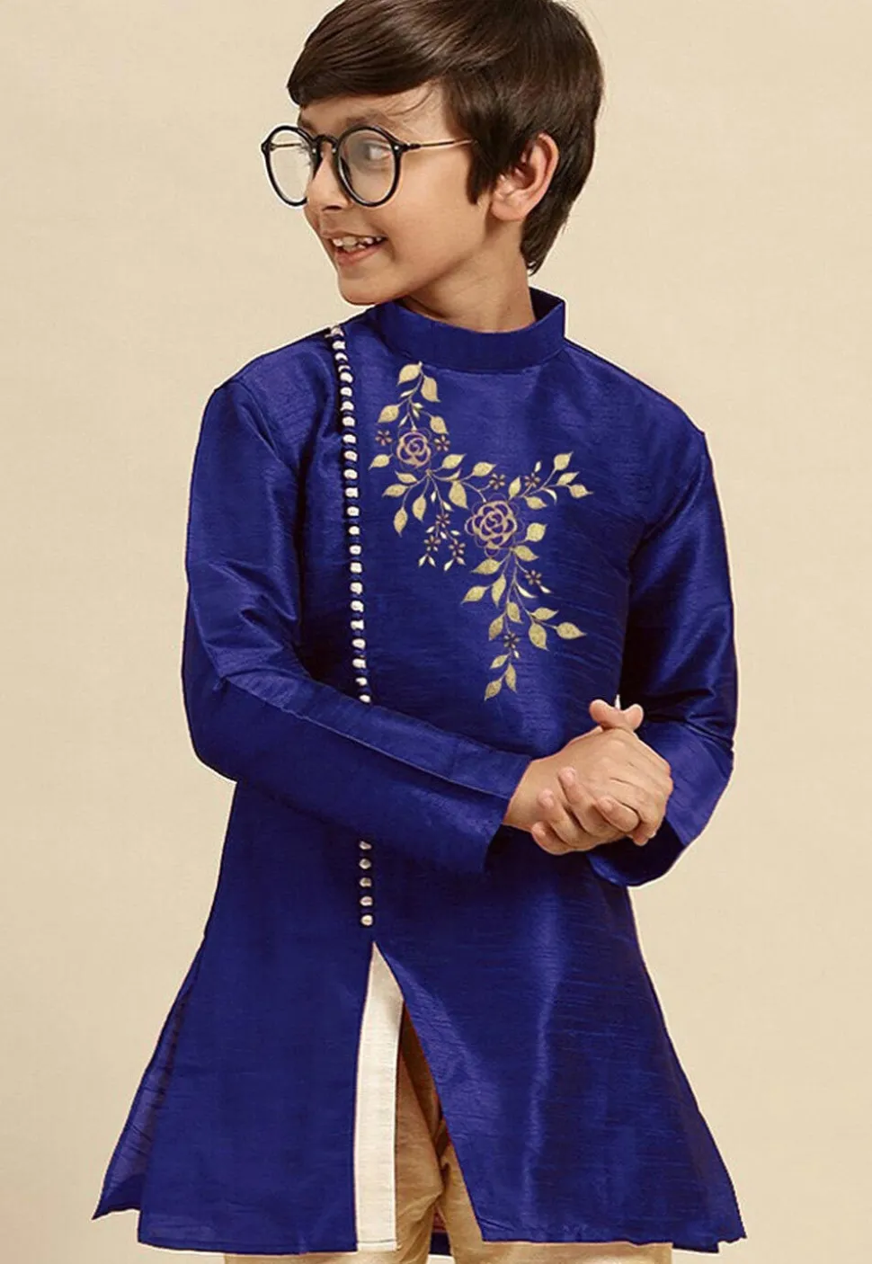 Embroidered Dupion Silk Kurta in Royal Blue