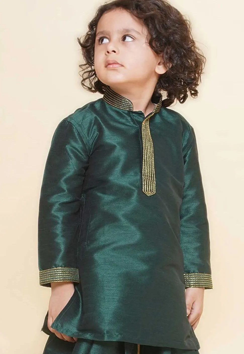 Embroidered Dupion Silk Kurta in Dark Green