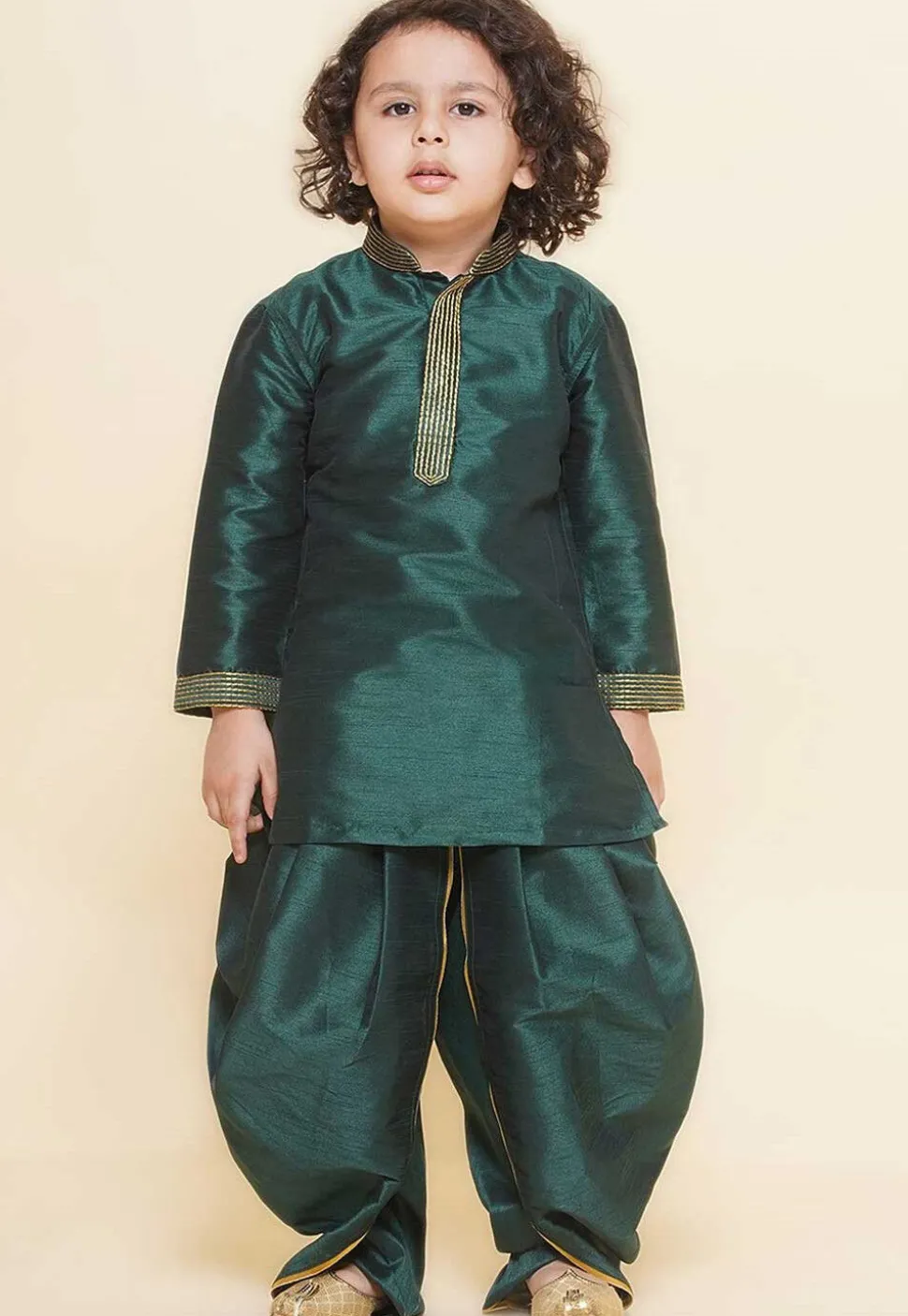 Embroidered Dupion Silk Kurta in Dark Green