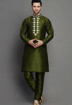 Embroidered Dupion Silk Kurta Set in Olive Green