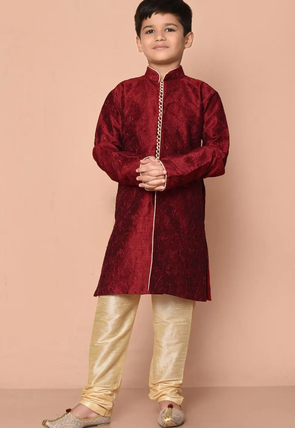 Embroidered Dupion Silk Kurta Set in Maroon