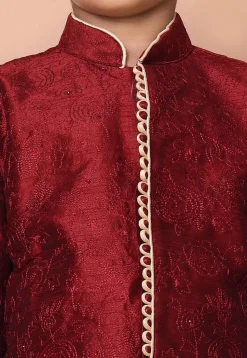 Embroidered Dupion Silk Kurta Set in Maroon