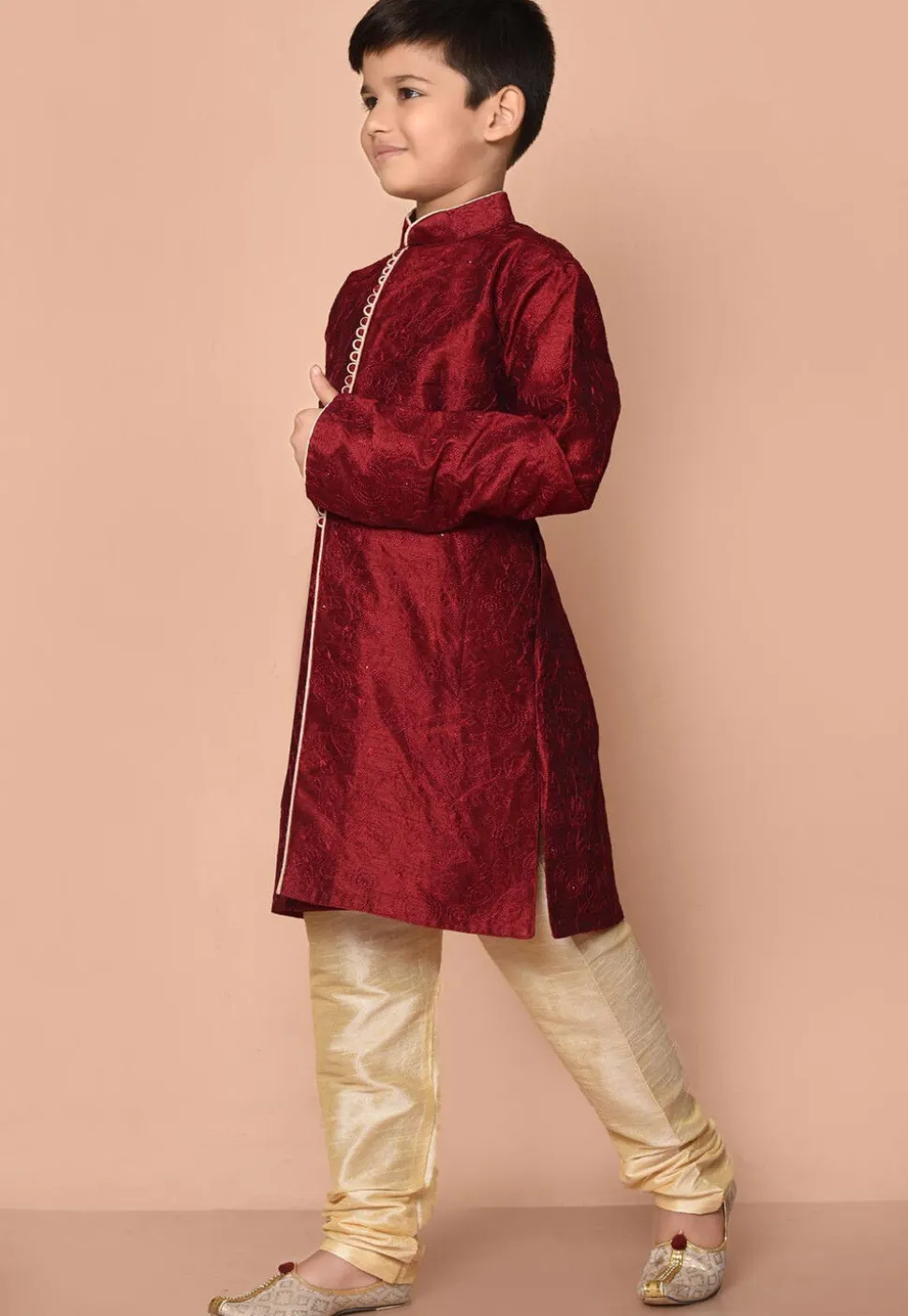 Embroidered Dupion Silk Kurta Set in Maroon