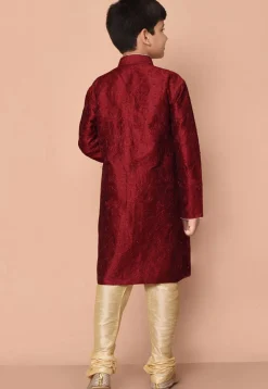 Embroidered Dupion Silk Kurta Set in Maroon
