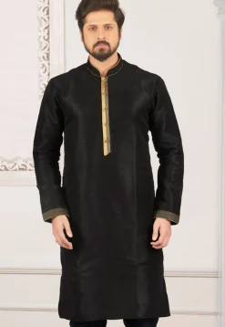 Embroidered Dupion Silk Kurta in Black