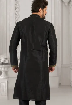 Embroidered Dupion Silk Kurta in Black