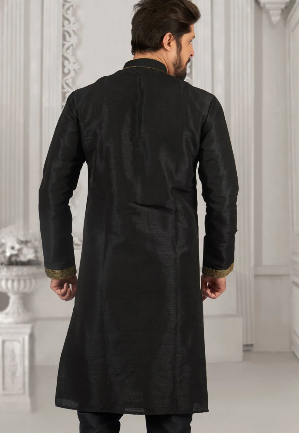 Embroidered Dupion Silk Kurta in Black