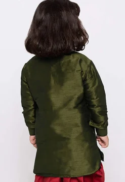 Embroidered Dupion Silk Kurta in Olive Green